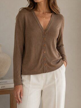 Barry Bricken 100% Silk Cardigan Womens M Brown Quiet Luxury Button Sweater